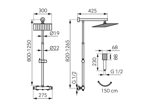 Dusjsystem Ferro Trevi Square Black 30x30 cm - Med termostat - Svart matt