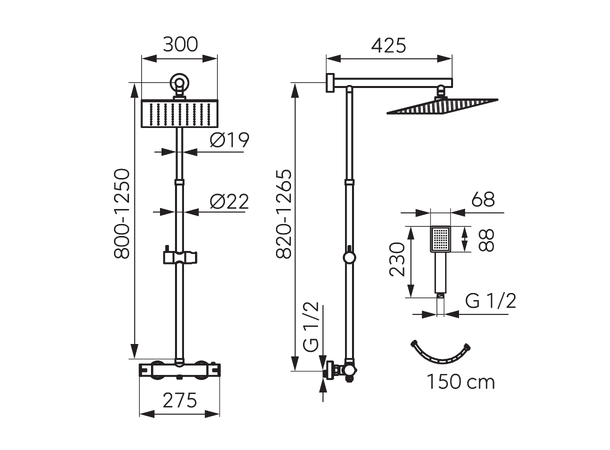 Dusjsystem  Trevi Square Black 30x30 cm - Med termostat - Svart matt