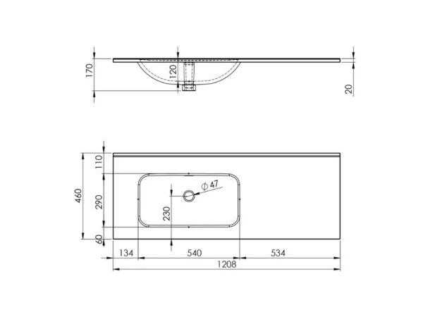 Møbelservant 120 cm  uten hull for arm. 120x18x46cm -  venstre, hvit