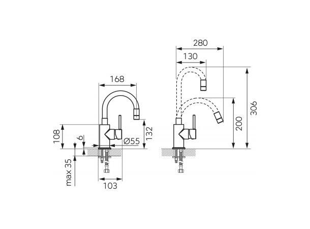 Servantbatteri Ferro Fiesta - Høy modell 1greps - ·fleksibel tut  - Krom/Svart