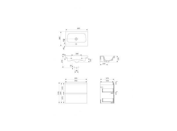 Underskap med servant Moduo Slim 60x38x62 - 2 Skuffer