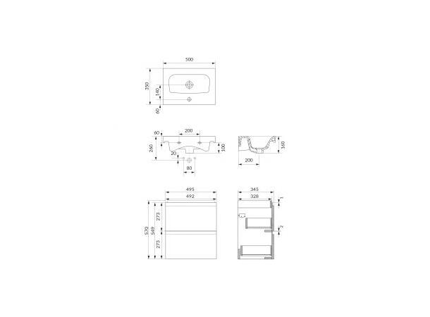 Underskap med servant Moduo Slim 50x35x62 - 2 Skuffer