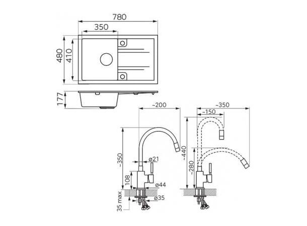 Ferro Mezzo II kjøkkenvask med armatur Granitt - grå/sølv